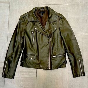 Gorgeous sage green faux leather jacket with fun motorcycle details - cool 😎!!